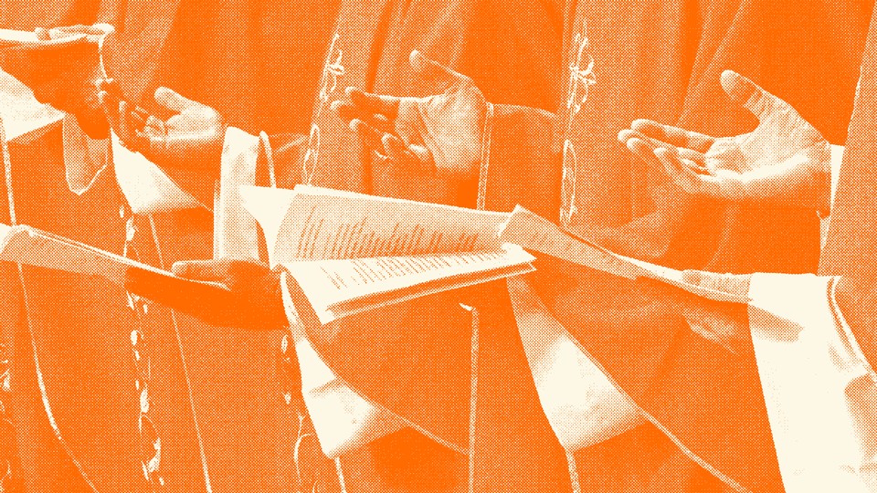Three sets of hands lifted in prayer and holding a homily