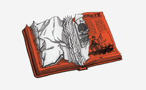 Illustration of a textbook lying open with pages ripped out and crumpled