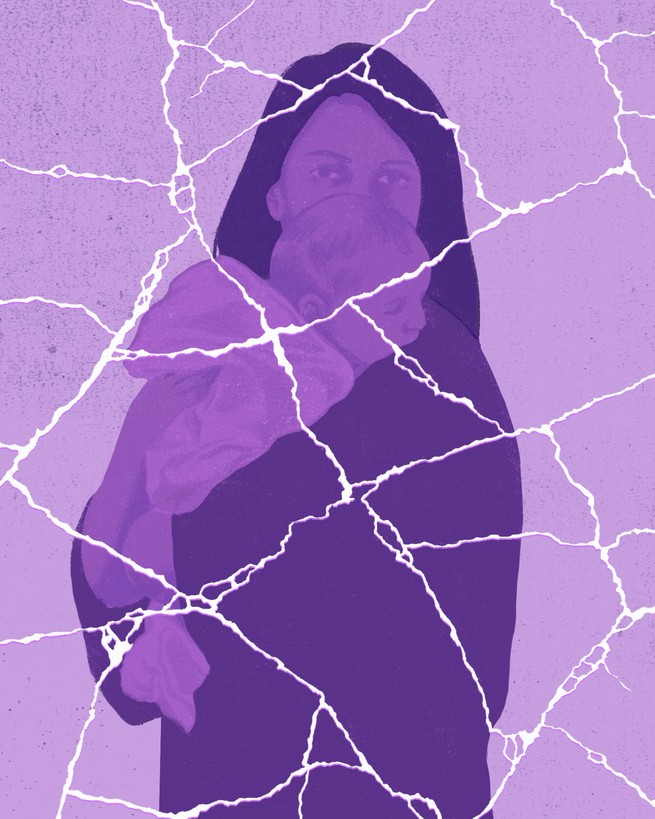 An illustration of a woman holding a baby against a purple background that looks like cracked glass