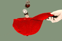 An illustration of a hand holding an upside-down MAGA cap, with coins falling into it