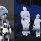 An illustration of an image of 5-year-old Liam Ramos wearing a blue bunny hat next to an image of three silhouettes, two adults and one child, walking against the background of the Dilley Immigration Processing Center