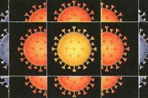 An animation showing the covid-19 virus evolving and moving in all four directions