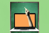 An illustration of a hand with a piece of chalk reaching out of a laptop