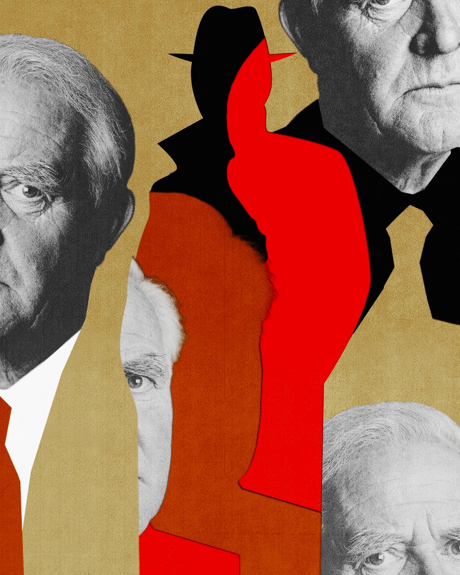 A photo illustration of a John LeCarré within the silhouette of spies.