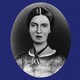 A portrait of Emily Dickinson on a blue background