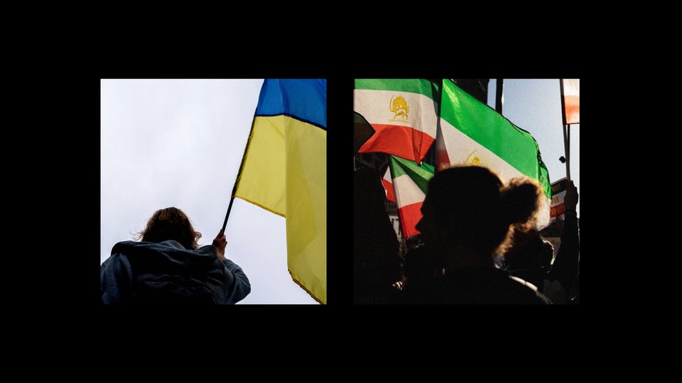 A diptych of Ukrainian and Iranian flags being waved by protesters