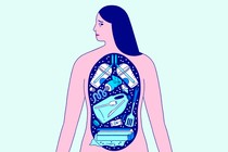 illustration of abstract woman with worried look on her face and cut-away window in her torso showing two coffee cups with straws in place of her lungs, a plastic jug and utensils in place of her stomach, and a spatula, cling wrap, toothpaste tube, and other objects instead of organs