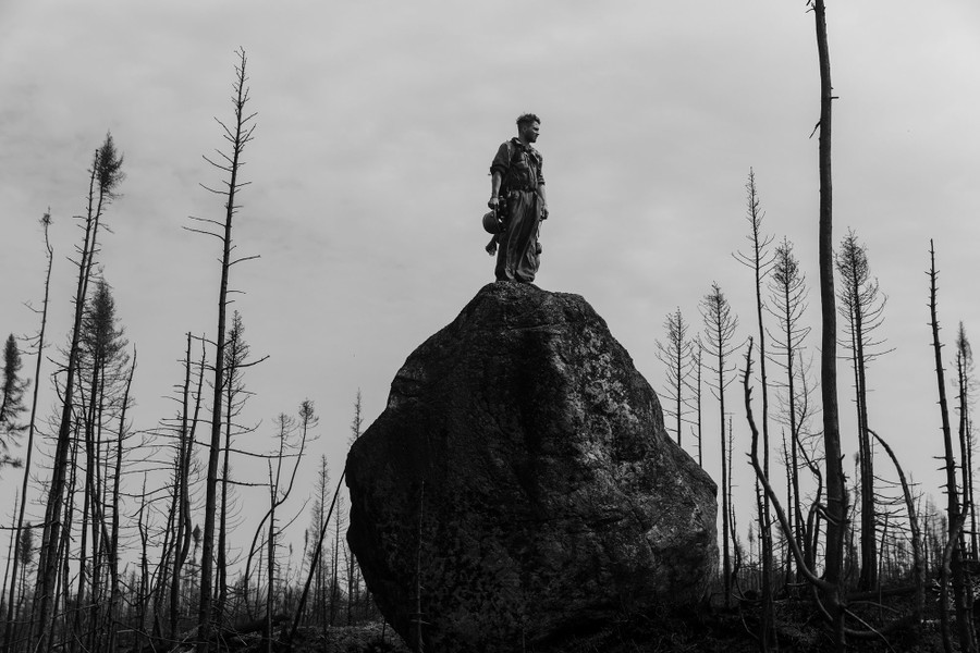 A firefighter stands atop a tall boulder, looking out over a scorched forest.