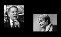 Two cropped, black-and-white photos: Dan Kelly talking into a microphone, and Janet Protasiewicz in profile