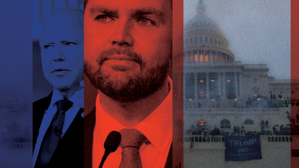 Photos of Tim Walz, J. D. Vance, and the U.S. Capitol