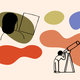 Colorful blobs behind an illustration of a person reading a paper and another person looking through a telescope