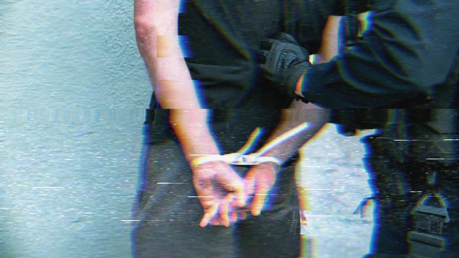 A distorted image of a man getting locked up
