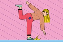 A woman slips on a banana peel