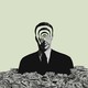 A faceless man in a suit almost shoulder deep in a pile of money