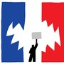 Illustration of tricolor French flag with silhouette of person raising a protest sign