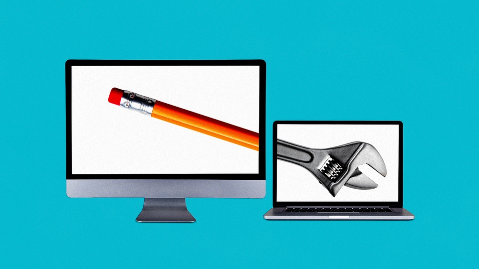 A collage image of two computers; the one on the left shows the eraser-end of a pencil, and the one on the right shows the head of a wrench