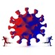 A virus with a red person and a blue person running from it in opposite directions
