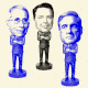 Five illustrations of Anthony Fauci, James Comey, Robert Mueller, Bill Taylor, and Jen Psaki as bobbleheads