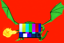 Illustration of a dragon holding a television