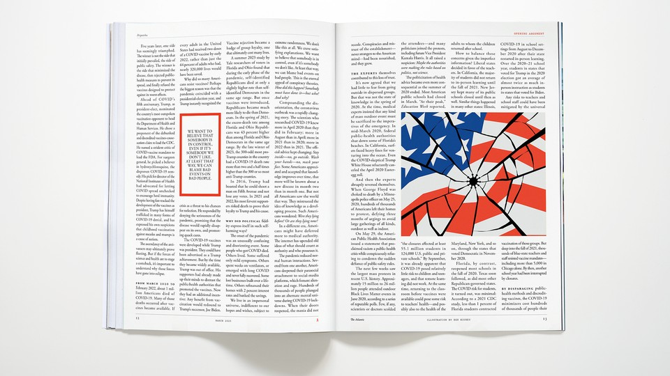 An overhead photograph of the The Atlantic magazine opened to a spread of the March 2025 article by David Frum.