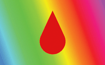 Graphic of a red droplet against a rainbow background