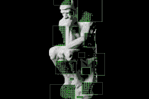 A rotating statue in the position of a man thinking