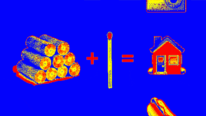 A pixelated GIF showing a representation of the following equation: wood + match = ?
