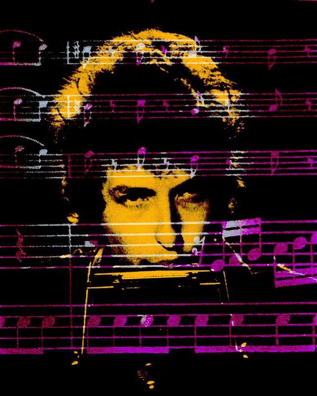 a photo of bob dylan with musical notation overlaid