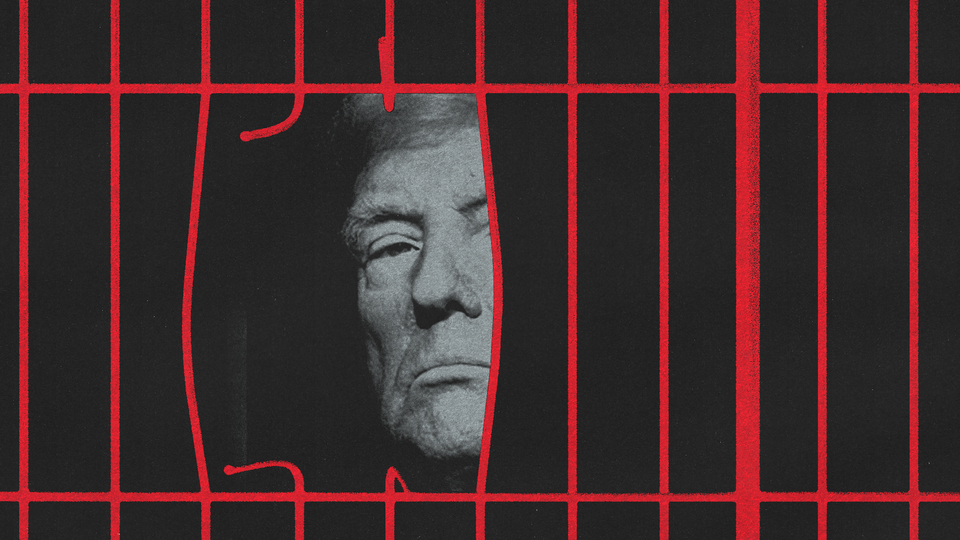 Black-and-white photo of Donald Trump behind broken jail bars