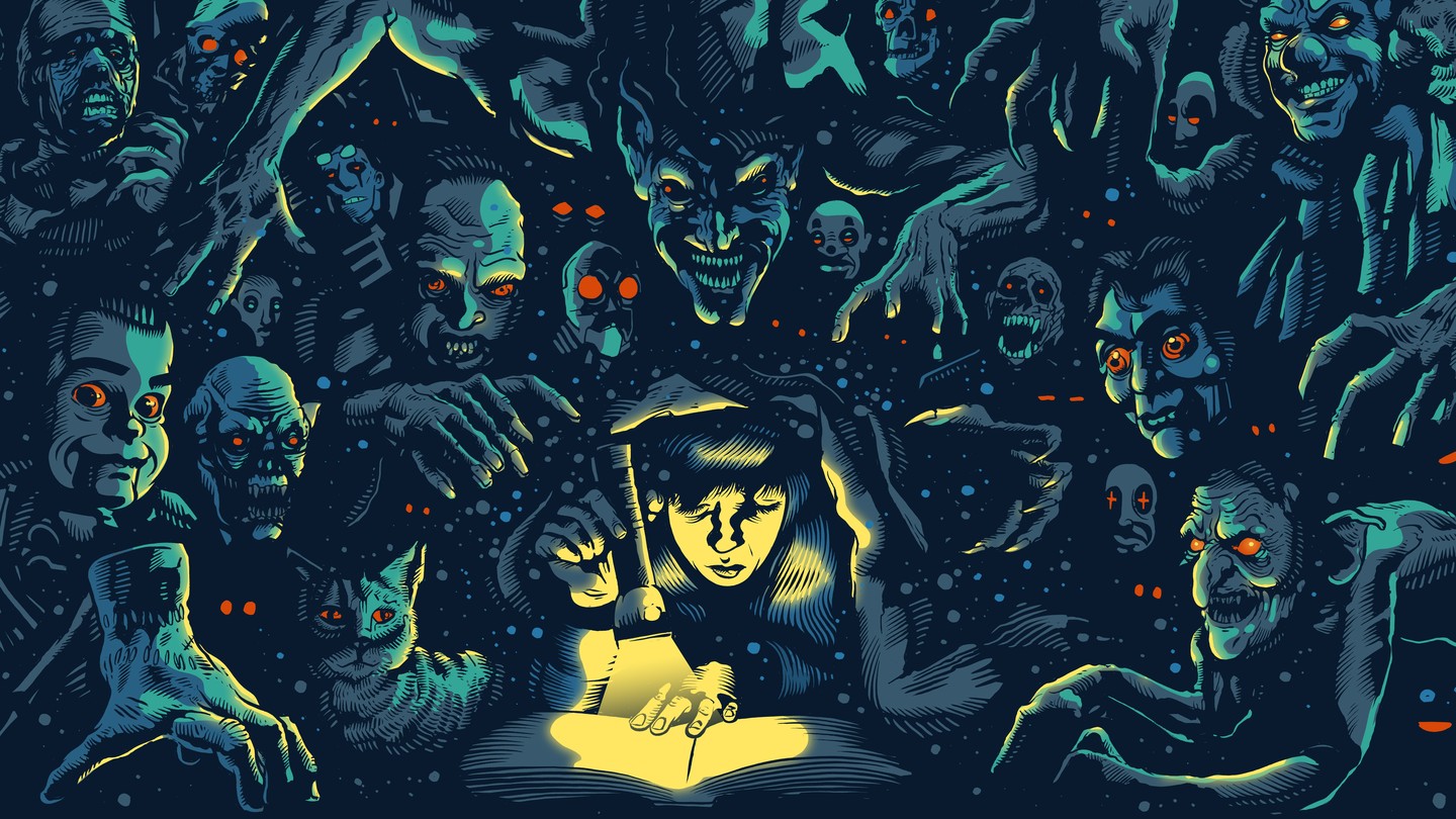 an illustration of red-eyed monsters clawing at a child reading a book by flashlight