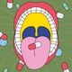 An illustration of a wide-open mouth surrounded by falling pills