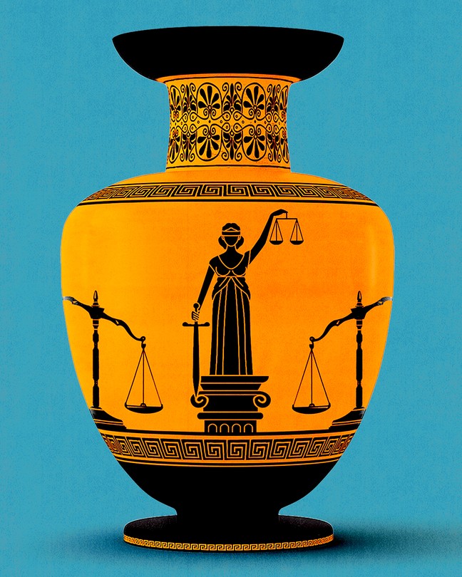 A photo-illustration of a vase with Lady Justice and scales imprinted on it