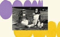 A black-and-white photograph is set on a cream-colored background. The background has rows of purple circles that look like they are curving away and rows of yellow circles that look like they are curving in the other direction. The photo shows two women in their 20s sitting on a grassy hill but the image is glitchy like the screen is malfunctioning, giving the sense of an error.