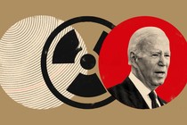 An illustration featuring an image of Joe Biden and a nuclear symbol