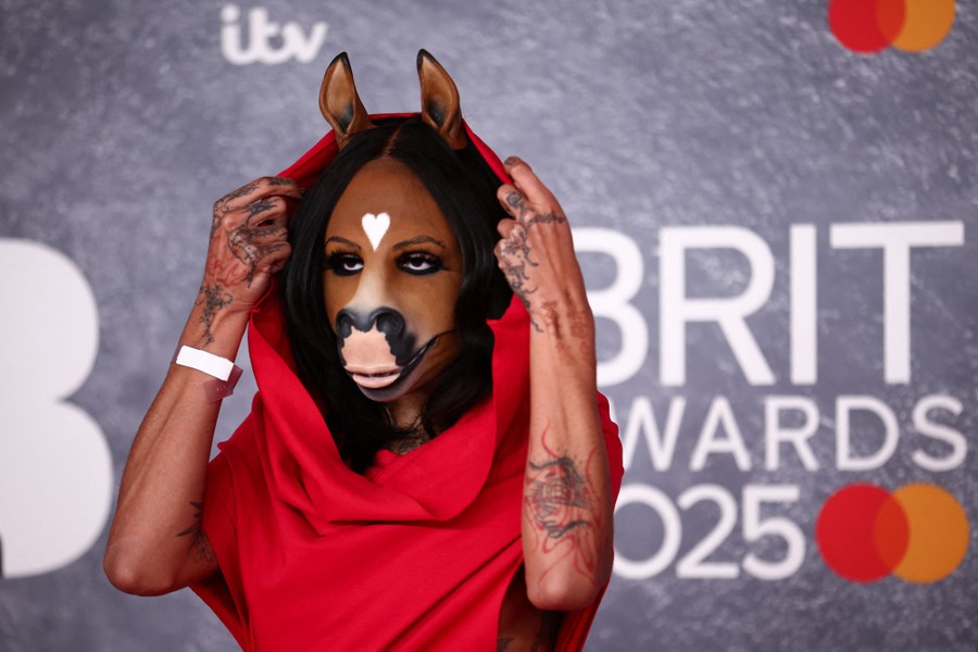A performer poses during a red carpet event, wearing a mask shaped like a horse's face.