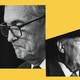 Collage of two black and white photos, one of Jay Powell frowning, one of Trump speaking, set against a yellow background
