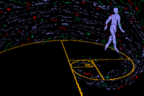A figure is shown walking along a spiral, surrounded by ethereal pattern.