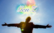 A man stands with his arms outstretched toward a shining sun; the words "Gen Z" hover above him, radiating magical glitter.
