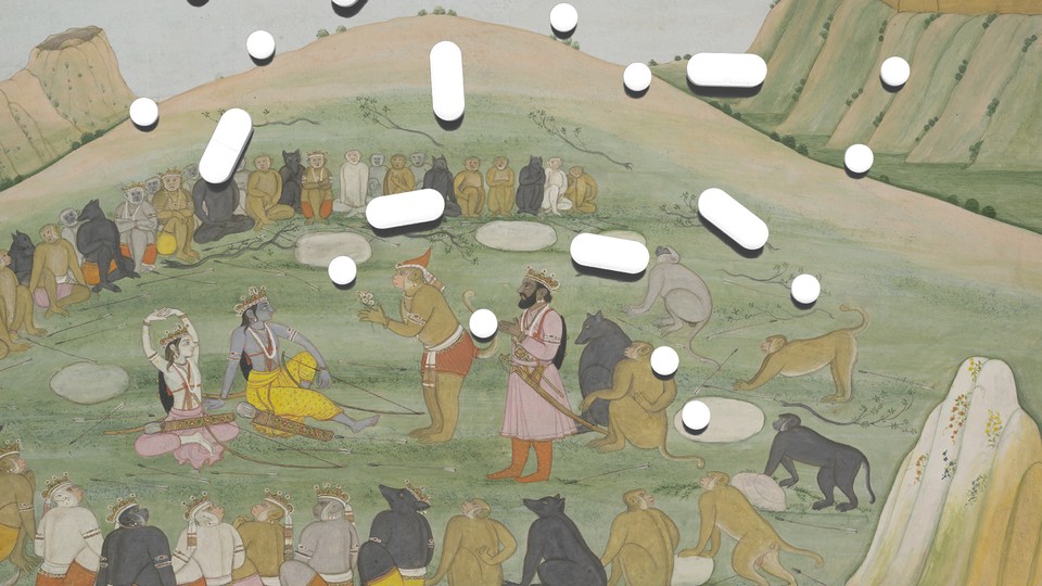 A combination of white pills superimposed on Indian art