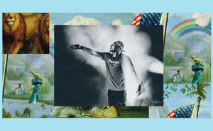 The rapper Lecrae extends his microphone while surrounded by the smoke and lights of a high-production performance. The image is set into a frame featuring The Experiment's show art.