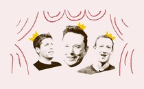 A collage of Sam Altman, Elon Musk, and Mark Zuckerberg with crowns on their head, and a sketched theater curtain