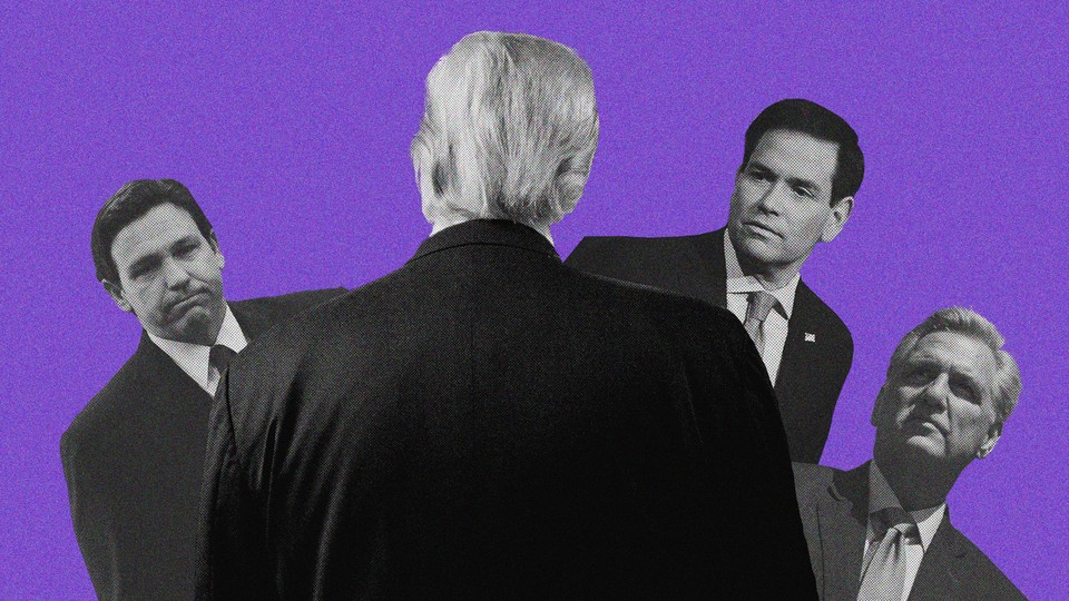 Black-and-white photo cutouts of Ron DeSantis, Marcio Rubio, and Kevin McCarthy peering out from behind Donald Trump