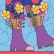 A person's legs clad in polka-dot pants and purple boots, while smiling flowers grow out of the boots