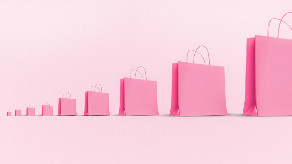 An illustration of pink shopping bags lined up, each one larger than the last.