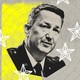 Photo-illustration of Dan Caine, with a black-and-white portrait of him in uniform surrounded by white stars and concentric circles, set on a neon-yellow and grey background