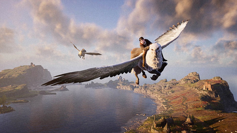 Scene from "Hogwarts Legacy" video game in which boy rides a flying Hippogriff (a magical beast with the front legs, wings, and head of a giant eagle and the body, hind legs and tail of a horse)