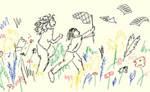 A drawing of two girls chasing book pages with a butterfly net
