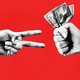 An illustration of a scissors-stone game with one hand holding a fistful of dollars