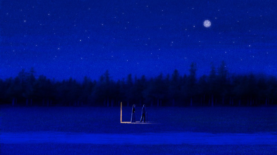 Two figures stand in a moonlit field with a sliver of light behind and beneath them, as though they've just stepped through a door that's still ajar.