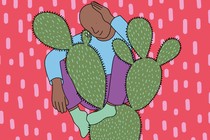 An illustration of a man sitting happily in a large cactus plant.